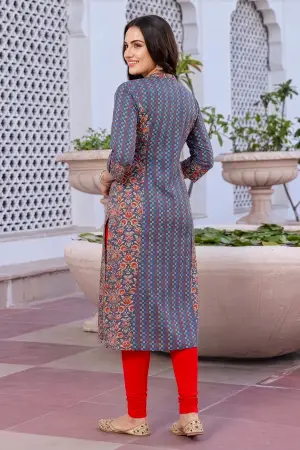 Gray Cotton Printed A-Line Kurta with Ban Collar - photo 4