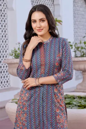 Gray Cotton Printed A-Line Kurta with Ban Collar - photo 5