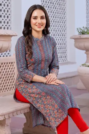 Gray Cotton Printed A-Line Kurta with Ban Collar - photo 6