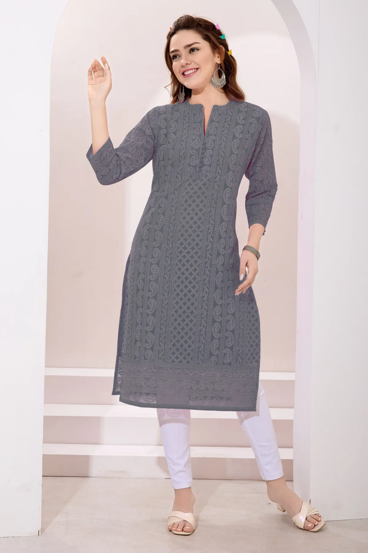 Gray Fine Georgette Kurta with Chicken Embroidery