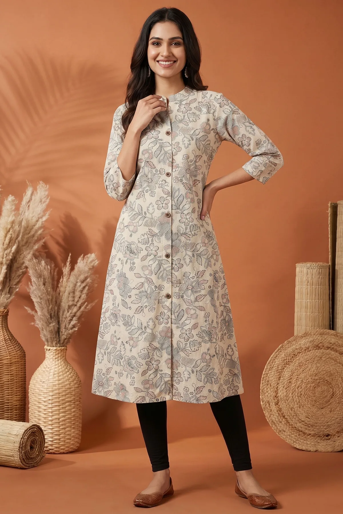 Cream Cotton A Line Princess Cut Kurta with Floral Print
