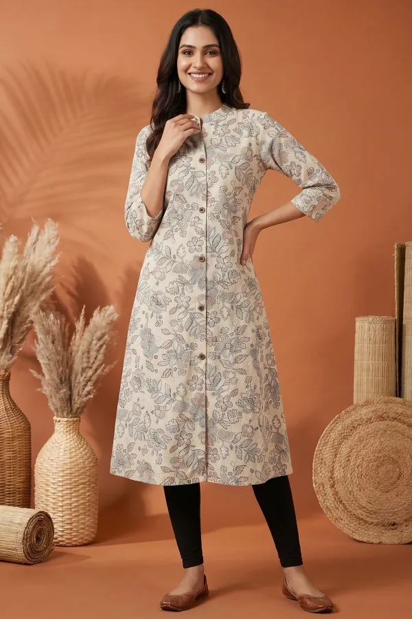 Cream Cotton A Line Princess Cut Kurta with Floral Print