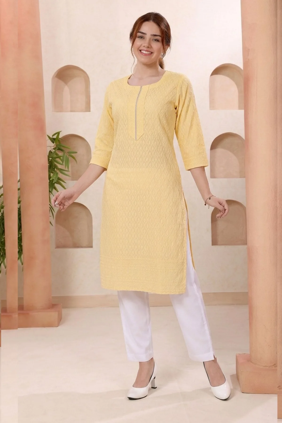 Yellow Rayon Chikankari Straight Kurta for Women