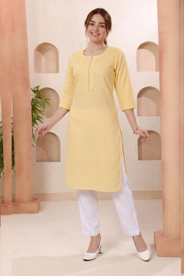 Yellow Rayon Chikankari Straight Kurta for Women