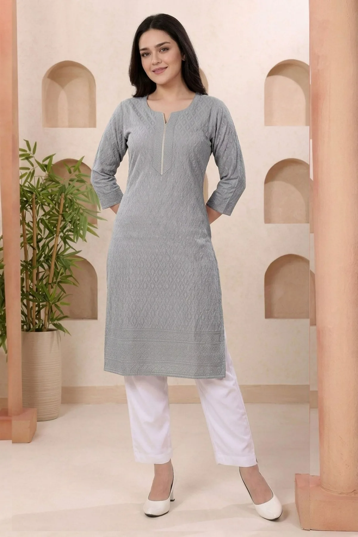 Ash Gray Rayon Chikankari Straight Long Kurta for Women