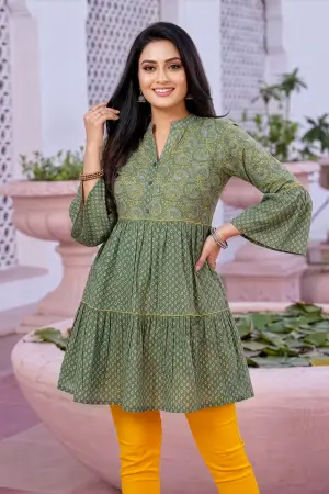 Gracious Green Cotton Ban Collar Flared Tunic - photo 1