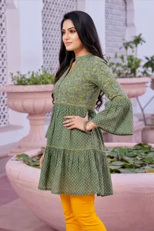 Gracious Green Cotton Ban Collar Flared Tunic - photo 2