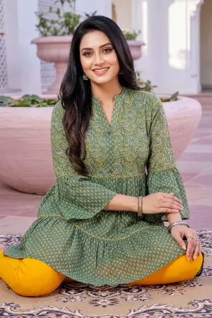 Gracious Green Cotton Ban Collar Flared Tunic - photo 3