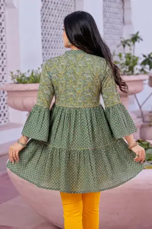 Gracious Green Cotton Ban Collar Flared Tunic - photo 4