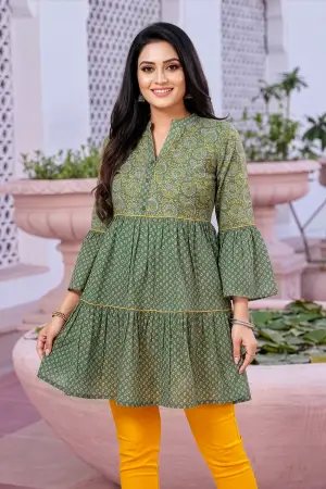 Gracious Green Cotton Ban Collar Flared Tunic - photo 6
