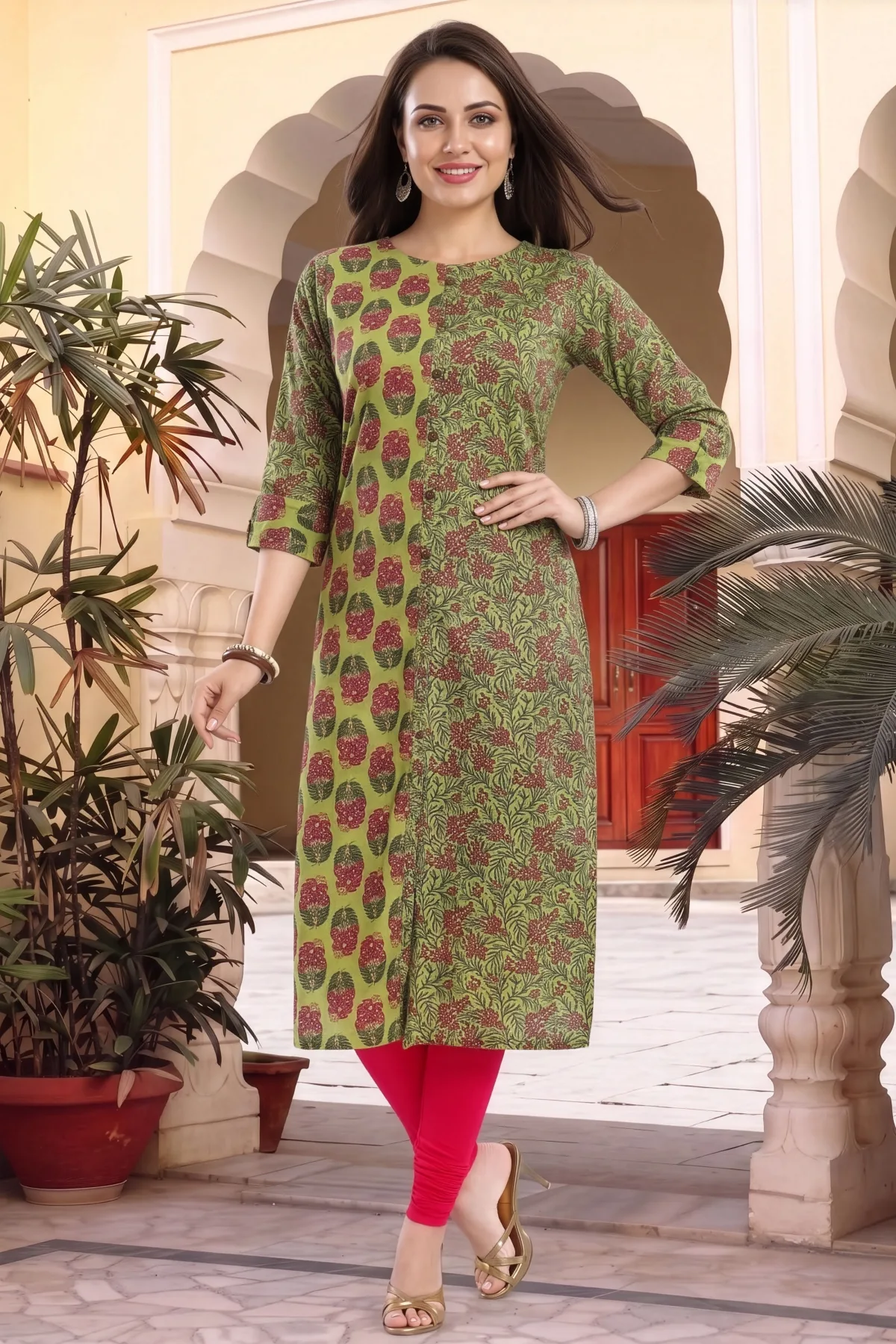 Mehandi Green Cotton Printed Front Open Long Kurti