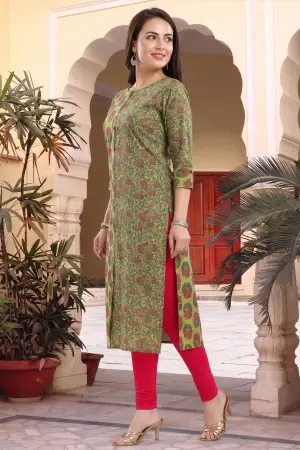 Mehandi Green Cotton Printed Front Open Long Kurti - photo 2