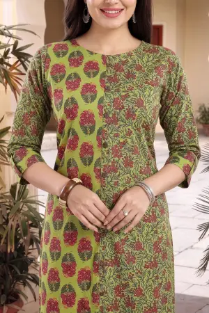 Mehandi Green Cotton Printed Front Open Long Kurti - photo 3