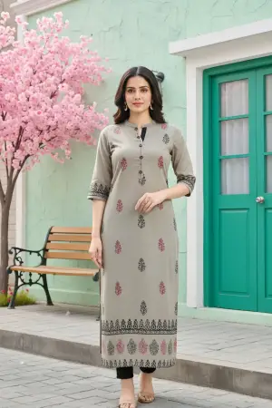 Grey Cotton Silk Block Print Long Kurta - photo 1