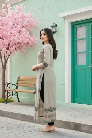 Grey Cotton Silk Block Print Long Kurta - photo 2