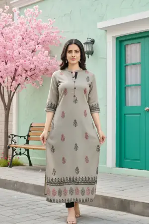 Grey Cotton Silk Block Print Long Kurta - photo 3