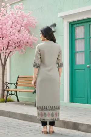 Grey Cotton Silk Block Print Long Kurta - photo 4