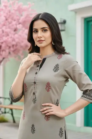 Grey Cotton Silk Block Print Long Kurta - photo 6