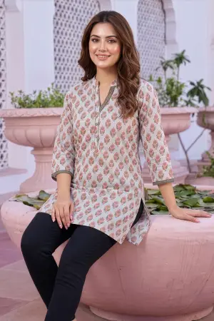 Bluish Grey Rayon Jaipuri Print Short Kurti with Ban Collar - photo 1