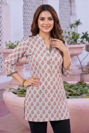 Bluish Grey Rayon Jaipuri Print Short Kurti with Ban Collar - photo 3