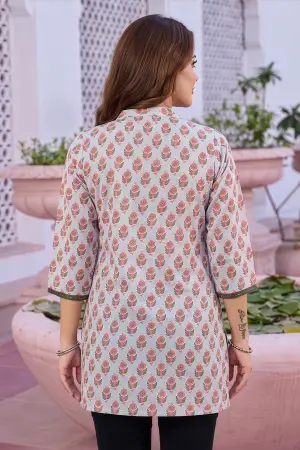 Bluish Grey Rayon Jaipuri Print Short Kurti with Ban Collar - photo 4