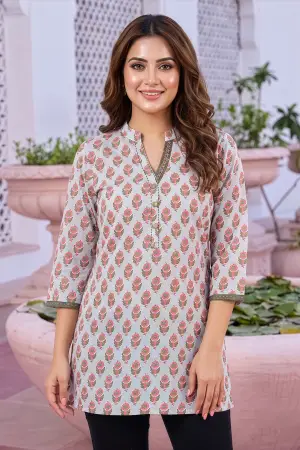 Bluish Grey Rayon Jaipuri Print Short Kurti with Ban Collar - photo 6