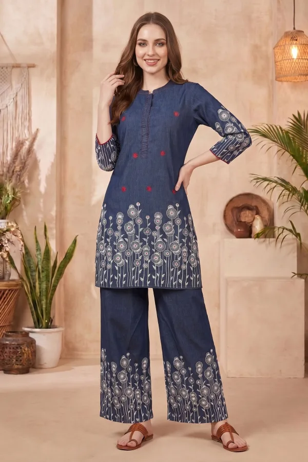 Indigo Blue Denim Co Ord Set with Floral Thread Embroidery