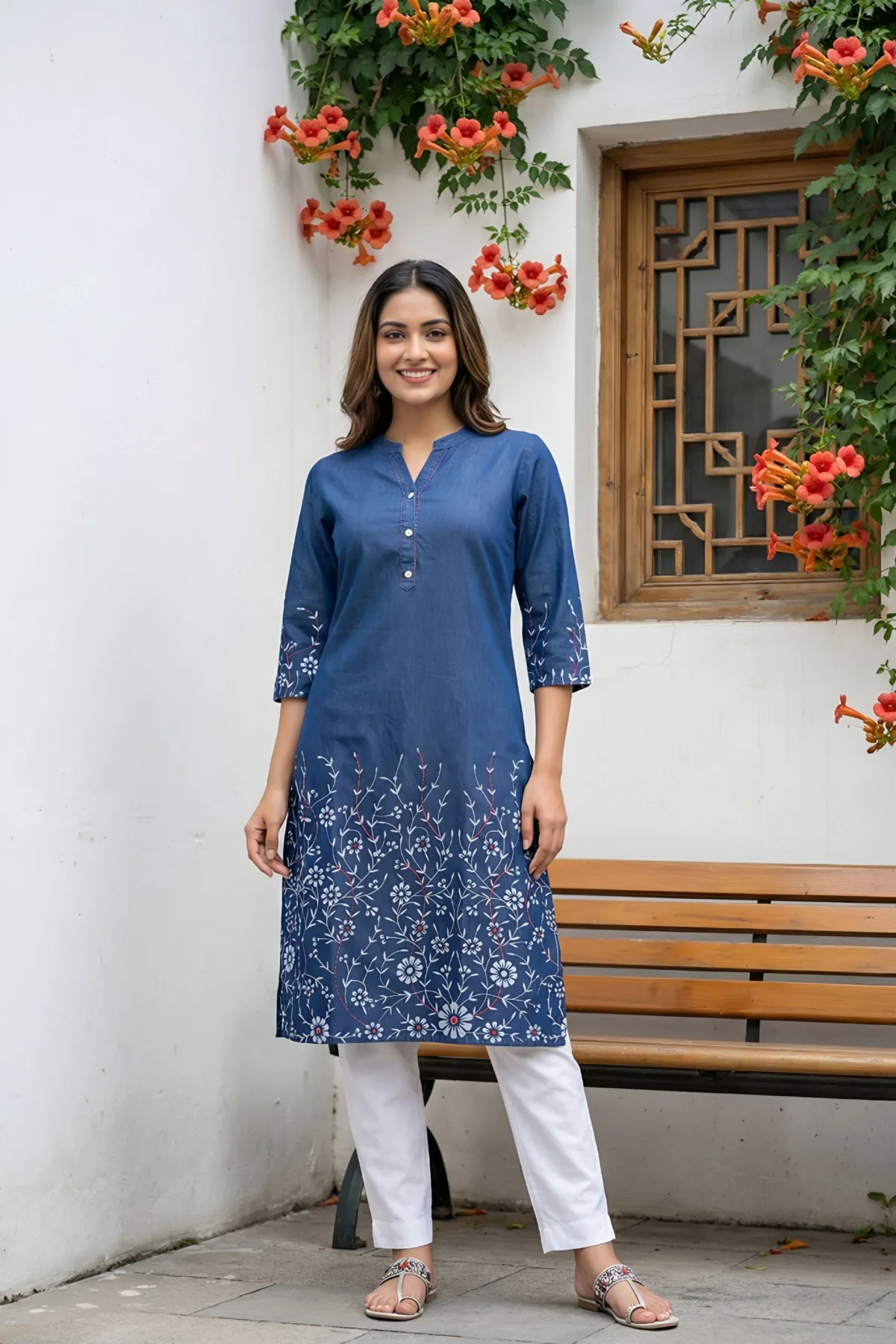 Indigo Ban Collar Denim Kurti with Ethnic Print