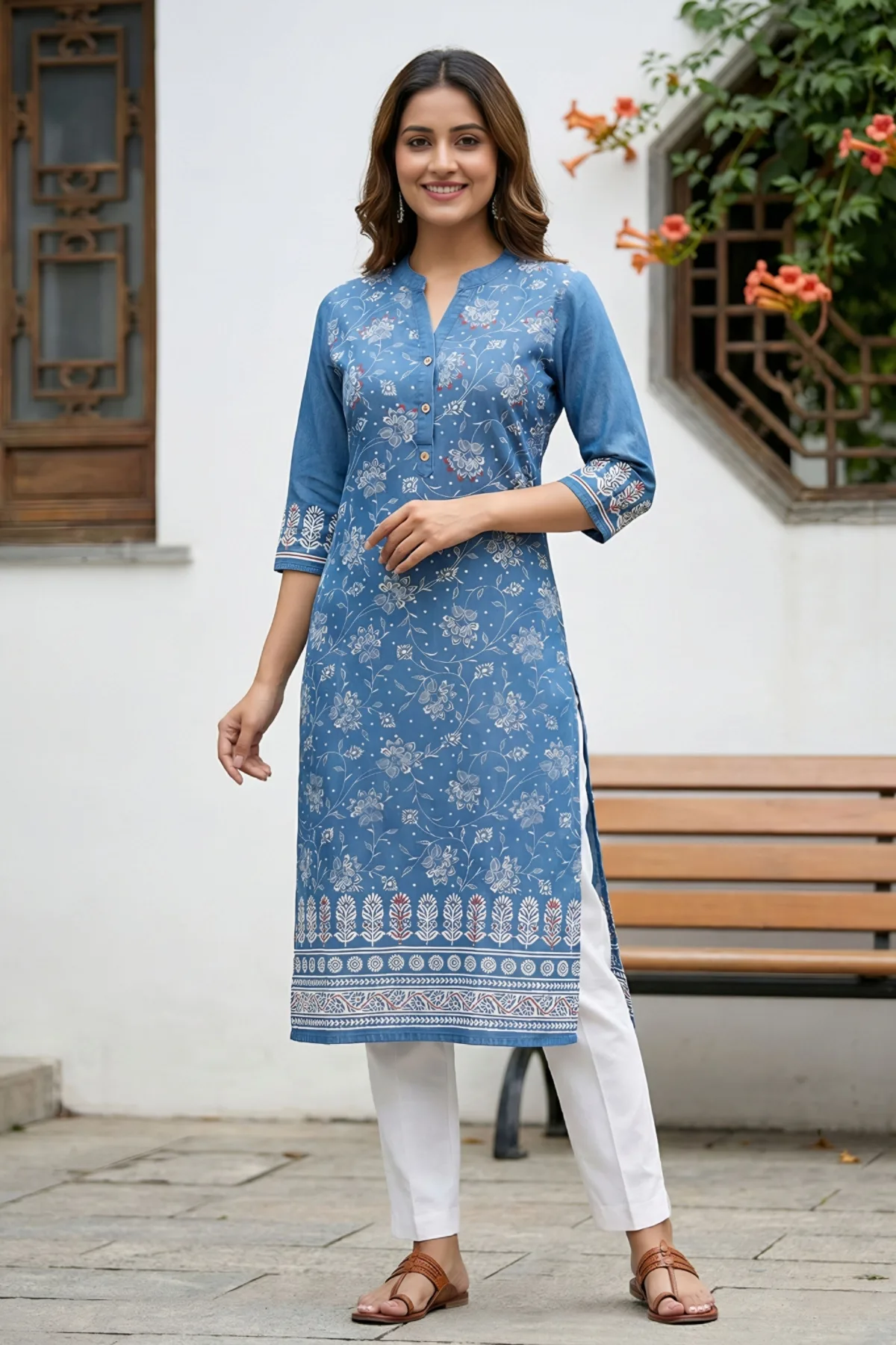 Indigo Ban Collar Denim Kurti with Ethnic Print