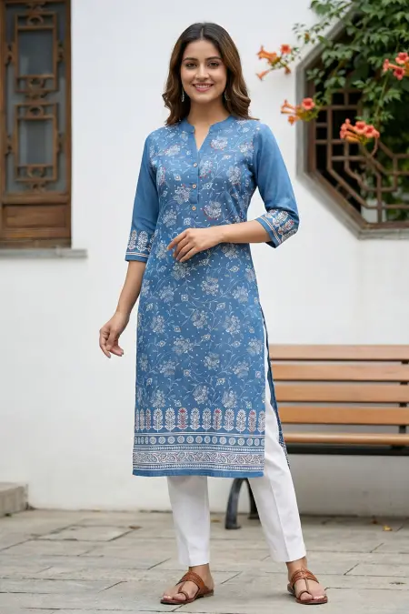 Indigo Ban Collar Denim Kurti with Ethnic Print