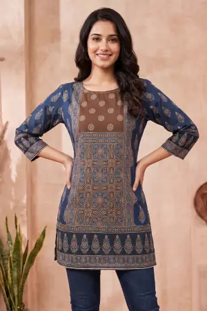 Indigo Blue Blended Cotton Azrakh Print Short Kurti - photo 1