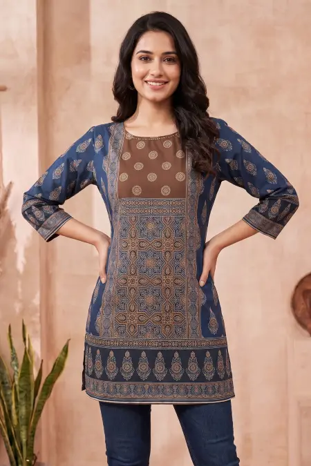 Indigo Blue Blended Cotton Azrakh Print Short Kurti