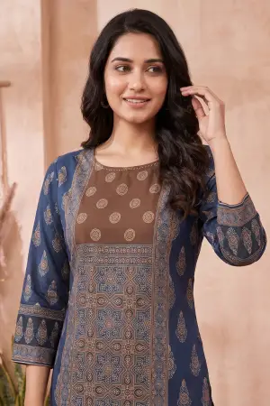 Indigo Blue Blended Cotton Azrakh Print Short Kurti - photo 3