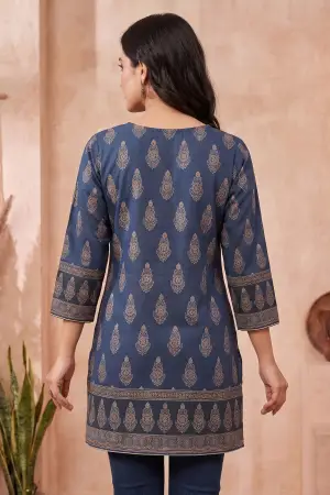 Indigo Blue Blended Cotton Azrakh Print Short Kurti - photo 4