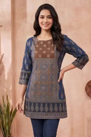 Indigo Blue Blended Cotton Azrakh Print Short Kurti - photo 5