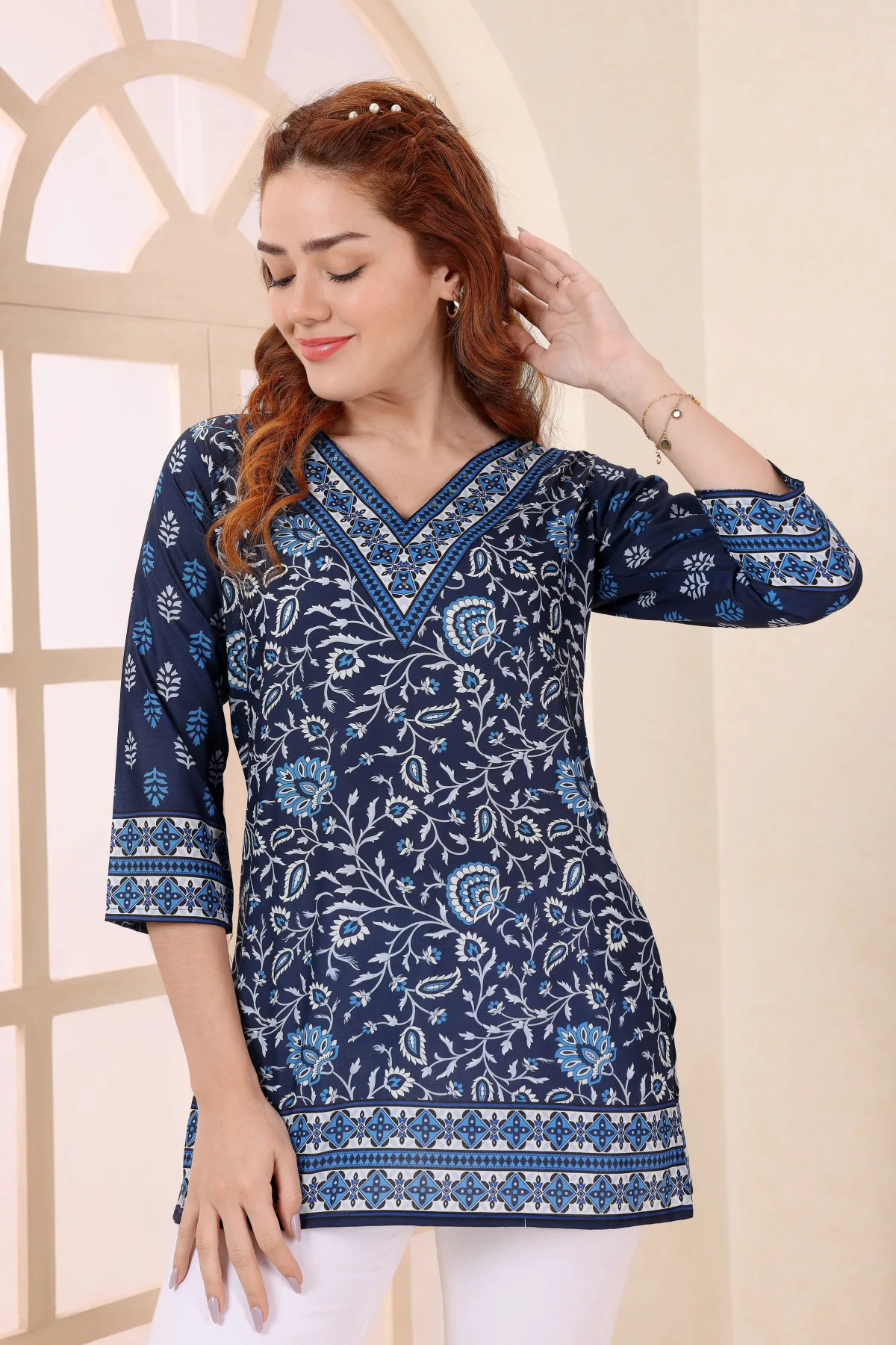 Indigo Cotton Short Kurti with Ethnic Floral Print