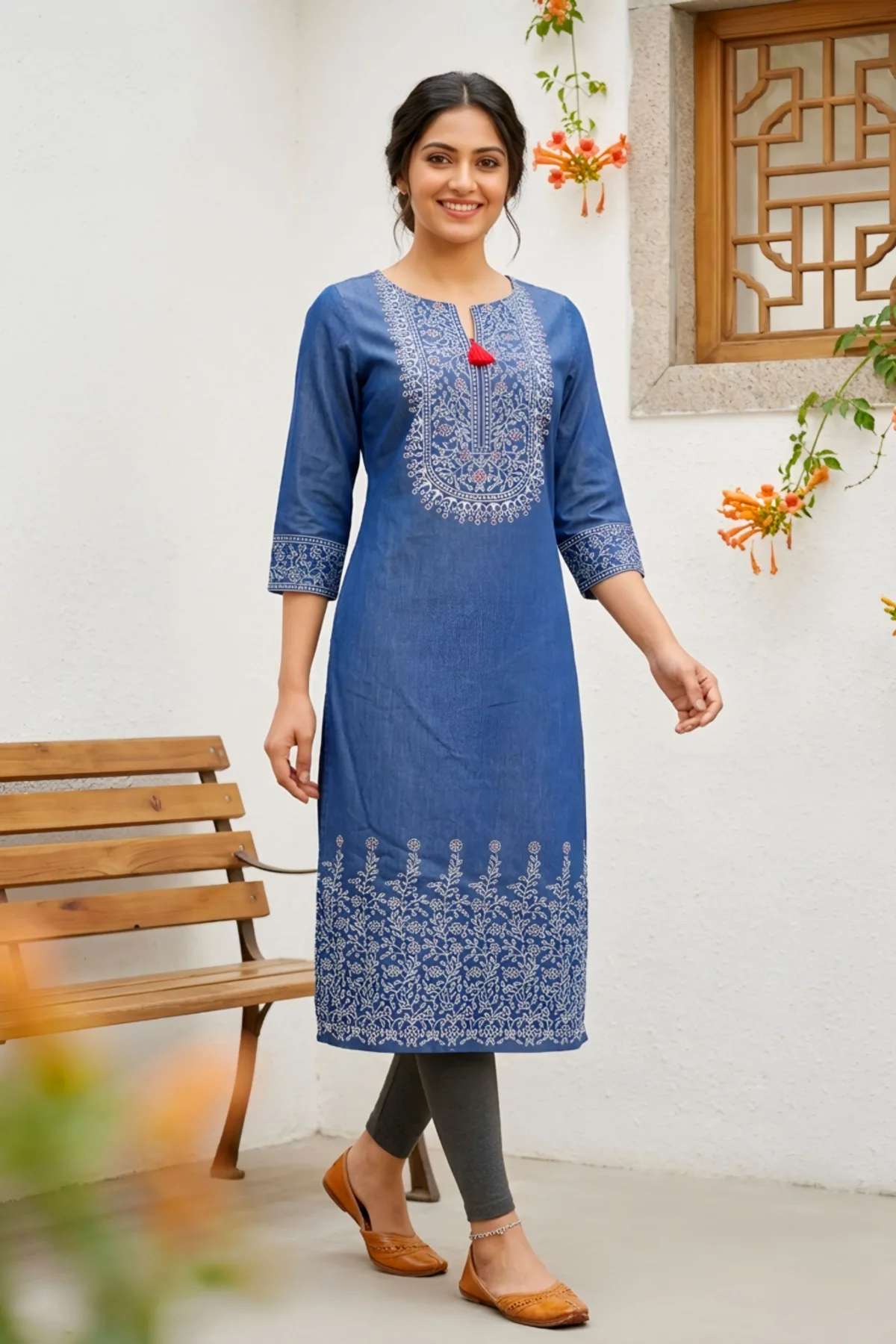 Indigo Denim Kurti with Ethnic Print and Thread Work