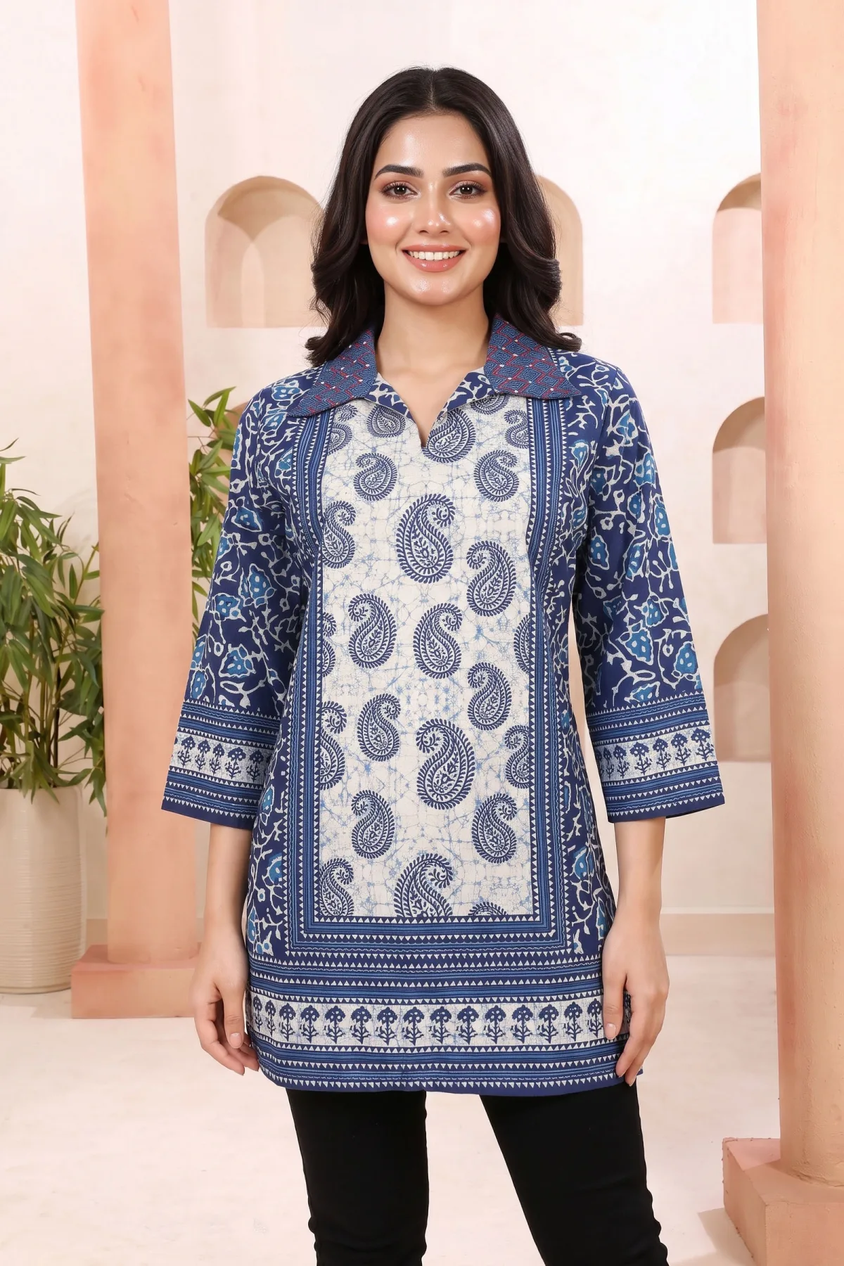 Indigo Paisley Cotton Short Kurti with Thread Work Collar