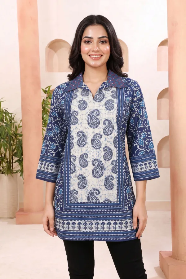 Indigo Paisley Cotton Short Kurti with Thread Work Collar