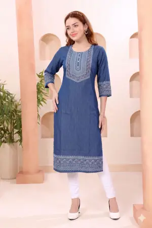 Indigo Denim Kurti with Ethnic Print and Thread Work - photo 1
