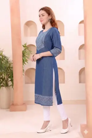 Indigo Denim Kurti with Ethnic Print and Thread Work - photo 2