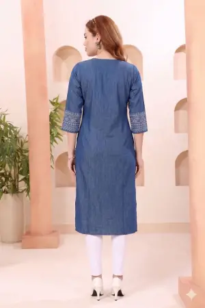 Indigo Denim Kurti with Ethnic Print and Thread Work - photo 4