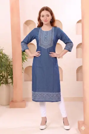 Indigo Denim Kurti with Ethnic Print and Thread Work - photo 5
