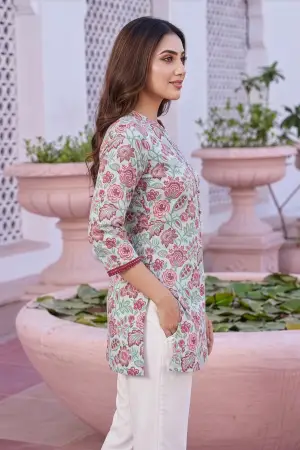 Light Blue Rayon Flower Print Ban Collar Short Kurti - photo 3