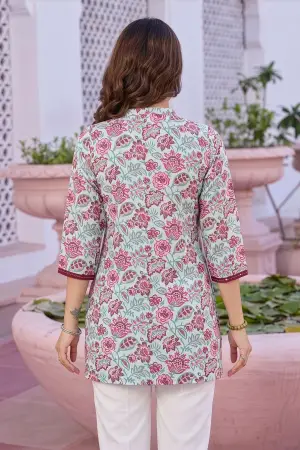 Light Blue Rayon Flower Print Ban Collar Short Kurti - photo 4
