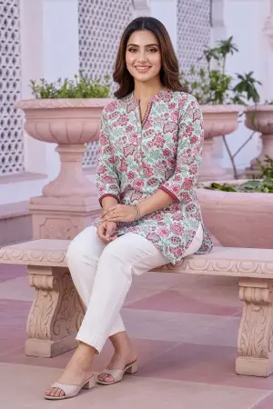 Light Blue Rayon Flower Print Ban Collar Short Kurti - photo 5