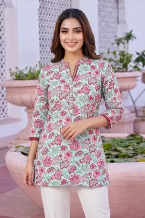 Light Blue Rayon Flower Print Ban Collar Short Kurti - photo 6