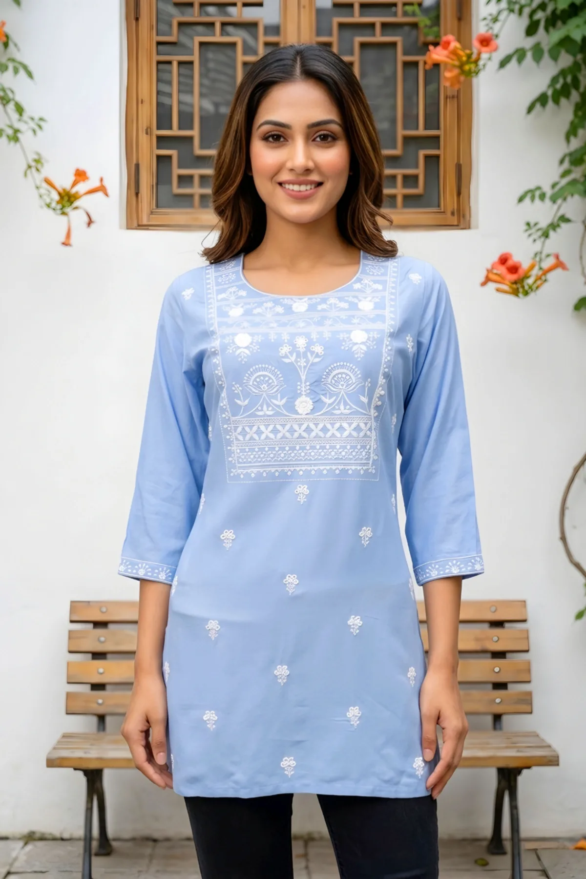 Light Blue Rayon Short Kurti with Chikankari Embroidery