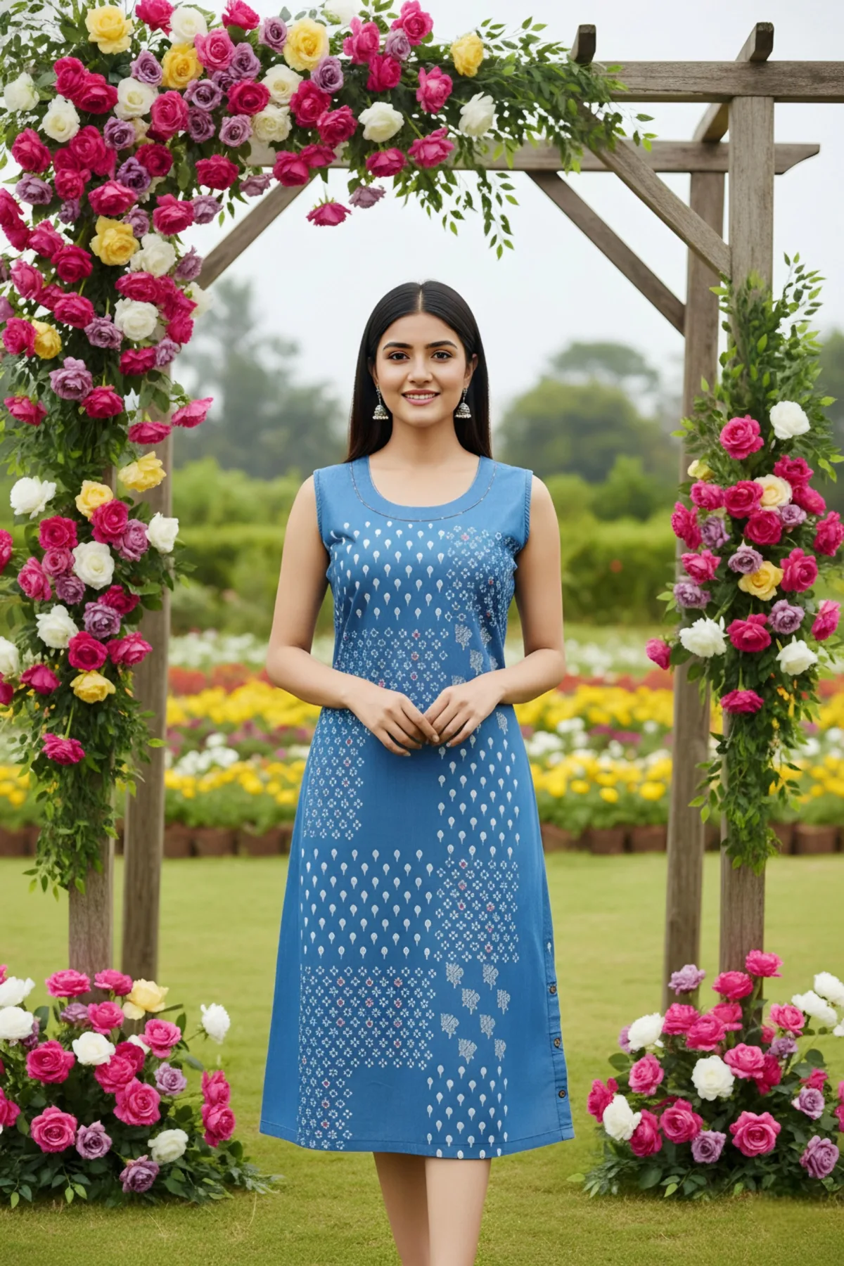 Light Blue Denim Dress with Print and Embellishment