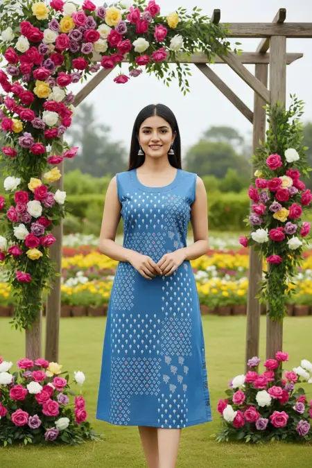 Light Blue Denim Dress with Print and Embellishment
